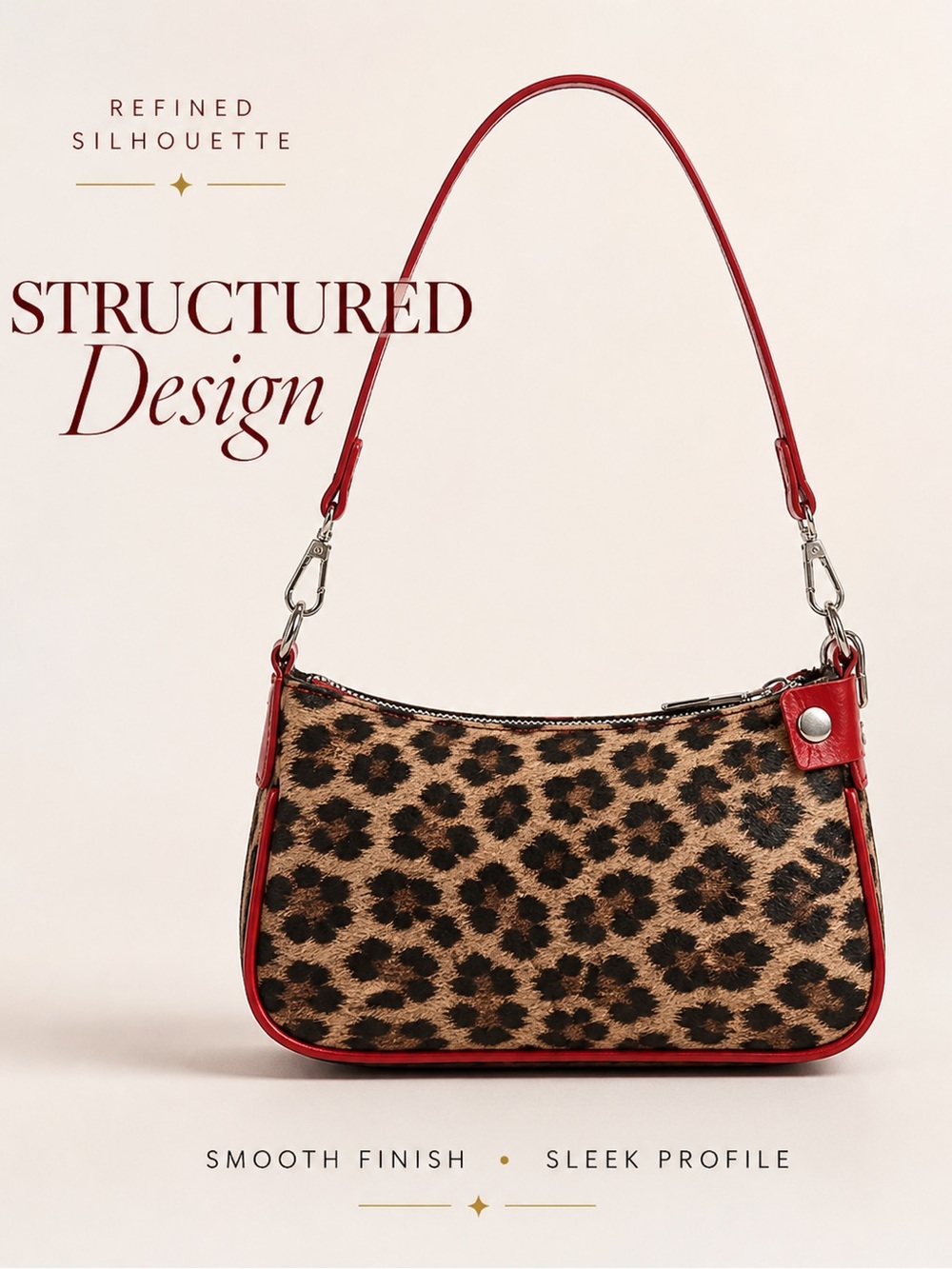Leopard Print Shoulder Bag Red Trim Chain Accent Y2K Baguette Purse - Picture 7 of 7